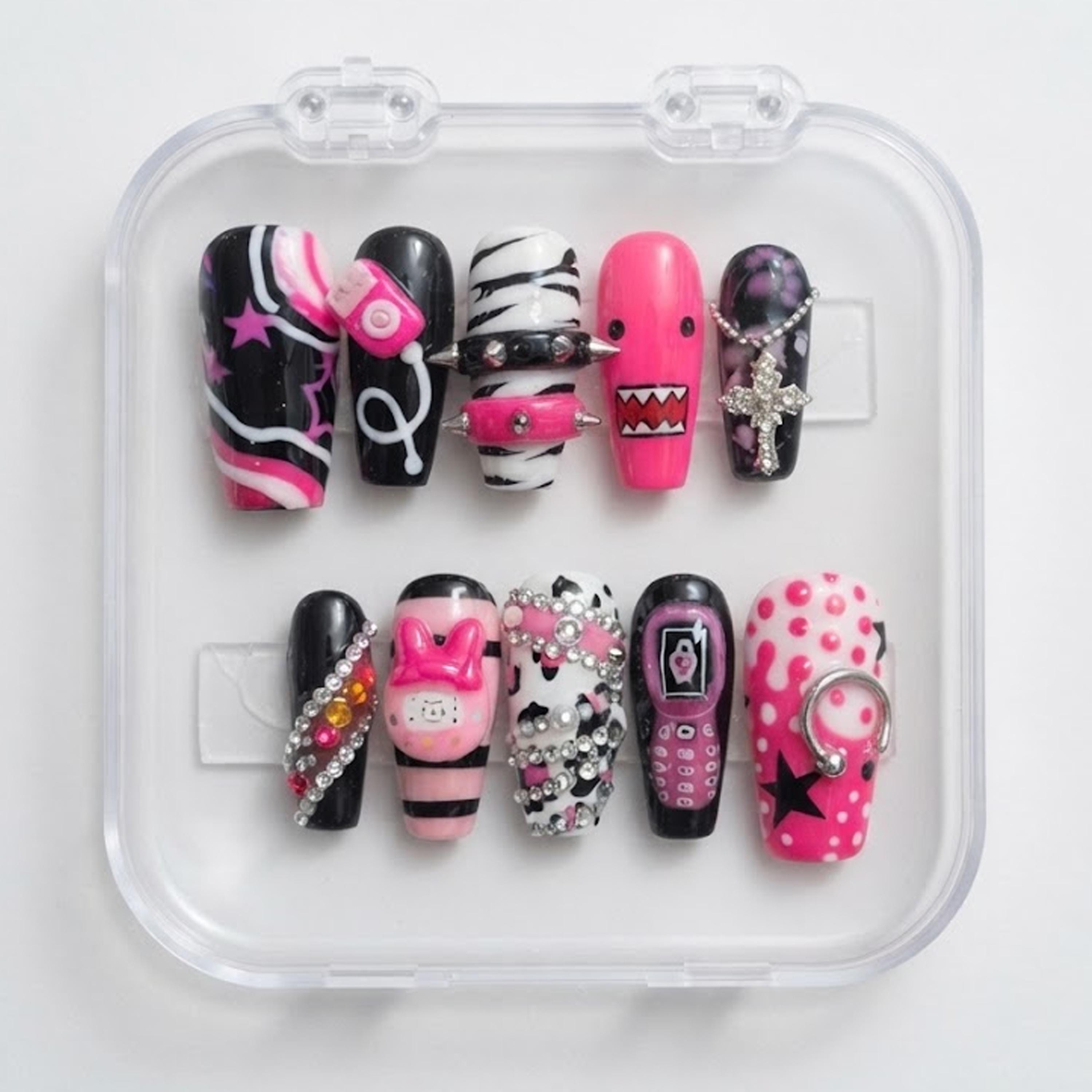 Y2K Scene Press on Nails | Pink Black Emo Zebra Star Retro Phone