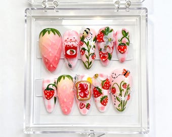 Erdbeergarten Press-On-Nägel, Frühstück Ästhetische Nägel, 3D Jam Toast Nägel, Süße Frucht Floral Nägel, Handgemachte Sommer Mandel Nagel-Set