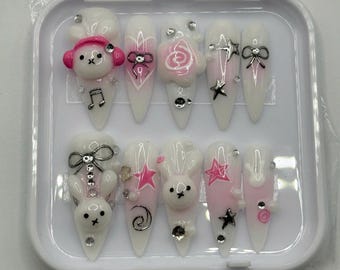 Pink Bunny Press On Nails, 3D Charms, Kawaii Nail Set