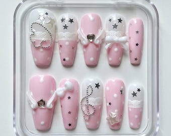 Pink Angel Wings Press On Nails, Kawaii Star Pearl Nail Art