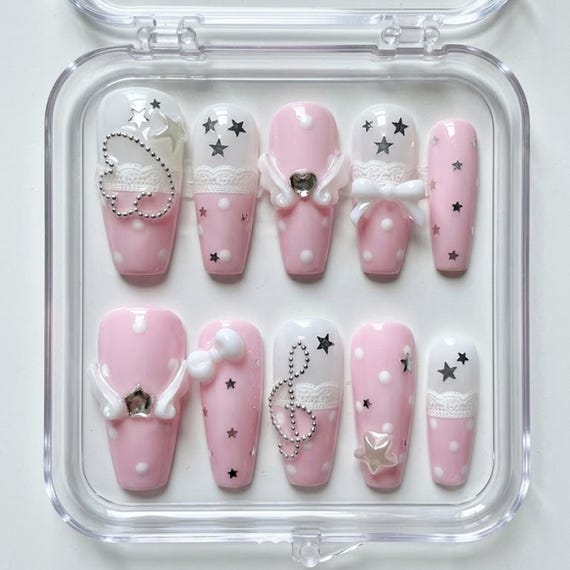 Pink Angel Wings Press On Nails, Kawaii Star Pearl Nail Art