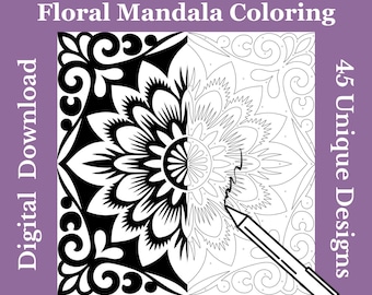 Floral Mandala Coloring Pages – 45 Monochrome Designs (Digital Download PDF)