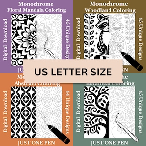 Könnte beinhalten: Vier digitale Malbücher mit schwarz-weißen Designs. Die Bücher tragen die Titel: Floral Mandala, Woodland, Abstract und Botanical Coloring. Jedes Buch hat einen Bleistift und den Text "JUST ONE PEN". Der Text "US LETTER SIZE" ist ebenfalls sichtbar.