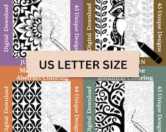 Monochrome Coloring Book Bundle, 179 Printable Pages, Adult Coloring Pages, US Letter size (Digital Download PDF)