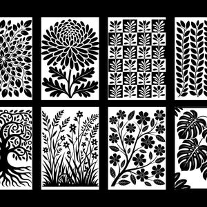 May include: Eight black and white botanical designs are displayed. The designs feature trees, flowers, leaves, and geometric patterns. These images are suitable for wall art, stencils, or decorative panels.