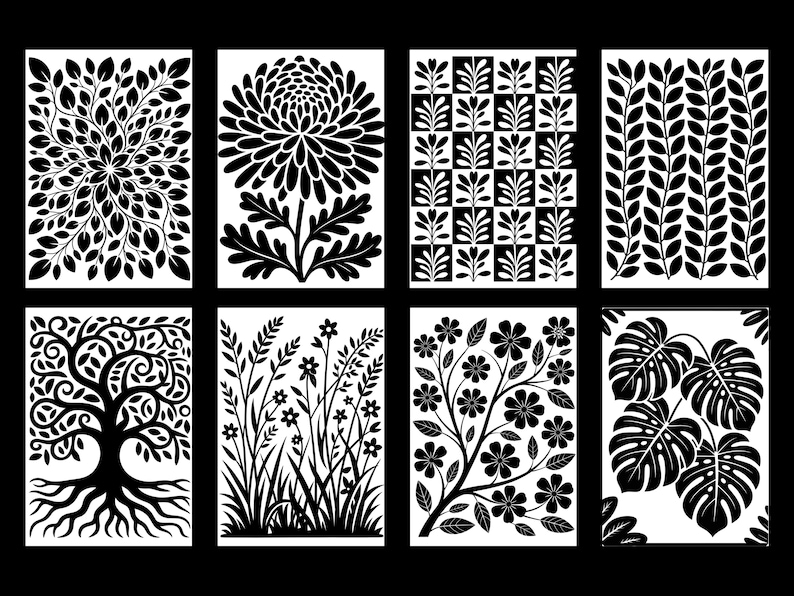 May include: Eight black and white botanical designs are displayed. The designs feature trees, flowers, leaves, and geometric patterns. These images are suitable for wall art, stencils, or decorative panels.