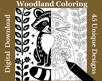 Monochrome Woodland Coloring Pages – 45 Printable Designs (Digital Download PDF)