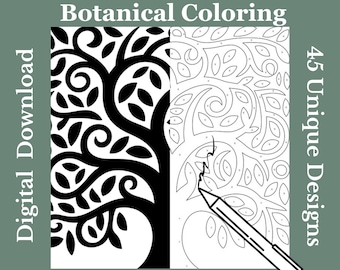 Monochrome Botanical Coloring Pages – 45 Printable Designs (Digital Download PDF)