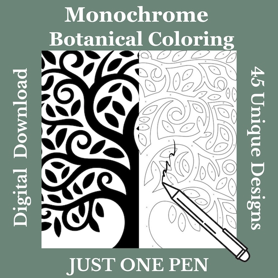 Monochrome Botanical Coloring Pages – 45 Printable Designs (Digital Download PDF)