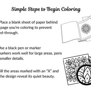 May include: Black and white illustration with instructions for colouring. Text reads "Simple Steps to Begin Colouring." Steps include placing paper behind the page, using a black pen or marker, and filling areas marked with an "X".