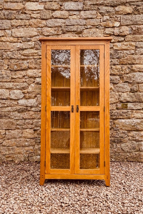 Solid Oak Glazed Display Cabinet – Glass Door Bookcase, Rustic Modern Storage Unit, Drinks Cabinet