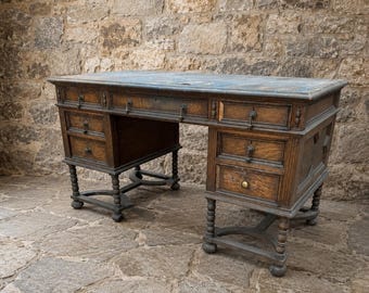 Antique Oak Pedestal Desk | Victorian Jacobean Revival Writing Desk | Arts & Crafts Office Desk | Edwardian Oak Partners Desk