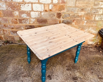 Restored Rectangular Pine Dining Table – Sanded Timber Top & Teal Painted Legs