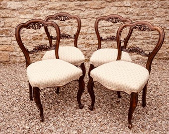 Set 4 Vintage French Louis XV Walnut Dining Chairs, Carved Cabriole Legs, Upholstered Seats