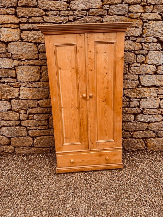 Vintage Style Pine Wardrobe Cupboard, Rustic Double Door Armoire, Farmhouse Storage Cabinet, Hanging Rail Wardrobe