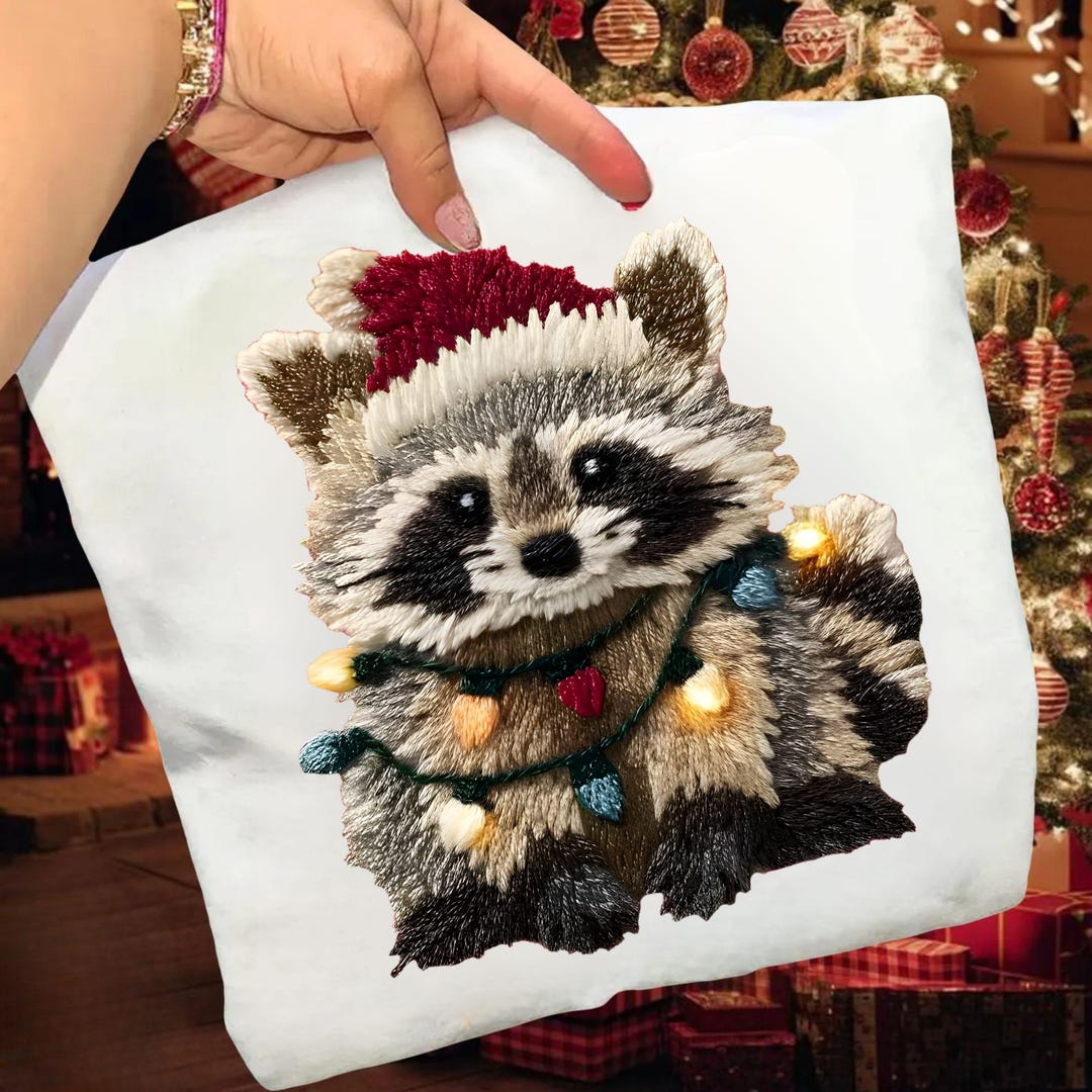 Cute Raccoon Faux Embroidery PNG – Christmas Raccoon With Lights, Cozy ...