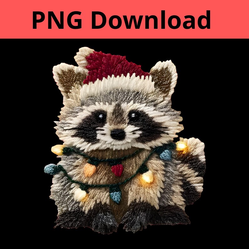 Cute Raccoon Faux Embroidery PNG – Christmas Raccoon With Lights, Cozy ...