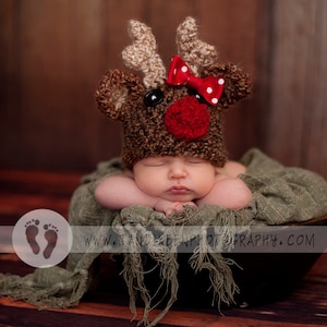 Baby Reindeer hat w BOW Christmas sizes NB through adult image 1