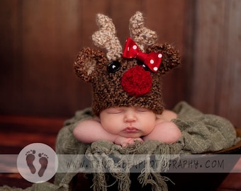 Baby Reindeer hat w BOW Christmas (sizes NB through adult)