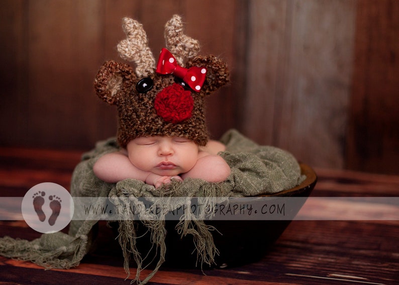 Baby Reindeer hat w BOW Christmas sizes NB through adult image 1