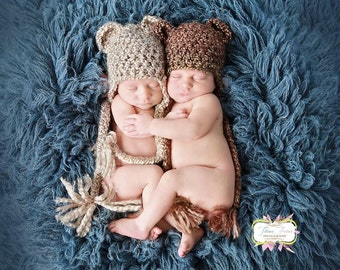 SALE Newborn Twin Bear Hats Photography Prop in Beige and Brown, over 30 colors available, sizes nb, 1-3mos, 3-6mos, 6-12mos