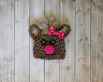 Baby Reindeer hat w BOW beanie great photo prop or gift for Christmas (sizes nb-adult)