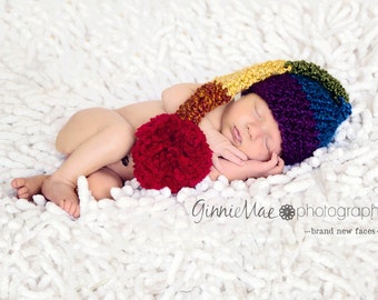 Rainbow Baby hat Stocking Cap Long Tail Elf striped hat baby cap Newborn photography prop w pom-pom (also available in 1-3mos, 3-6mos)