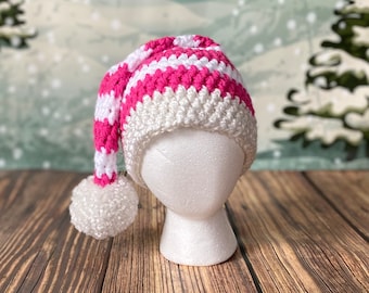 Santa Hat Pink and White Striped Nb-Adult sizes