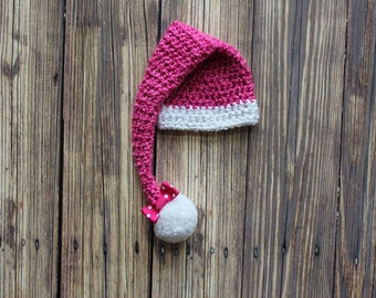 Pink Santa hat with long tail w/optional removable bow