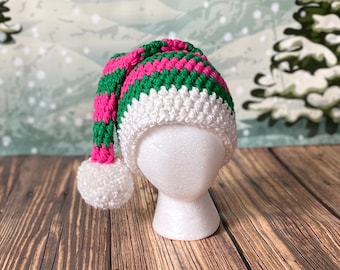 Gorro de Papá Noel a rayas verdes y rosas. Tallas desde prematuro hasta adulto.