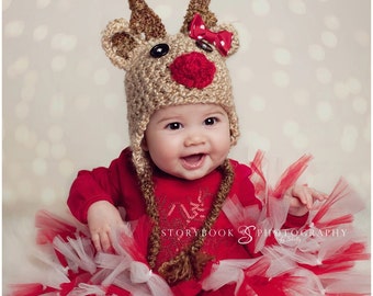 Baby Reindeer hat Tan w BOW Christmas Rudolph Girl Hat (sizes nb - adult)