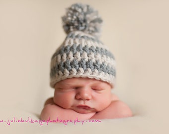 Newborn Baby Boy Photography Prop Striped Hat Beanie in Grays with pom-pom (sizes nb, 1-3mos, 3-6mos, and 6-12mos)