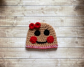 Baby gingerbread hat w BOW beanie great photo prop or gift for Christmas - size NB, 1-3mos, 3-6mos, 6-12mos