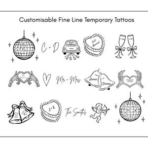 Puede incluir: Una hoja de tatuajes temporales en blanco y negro de línea fina con ilustraciones de temática nupcial, que incluyen bolas de discoteca, manos de esqueleto formando corazones, campanas de boda, un coche, copas y una figura de cupido.