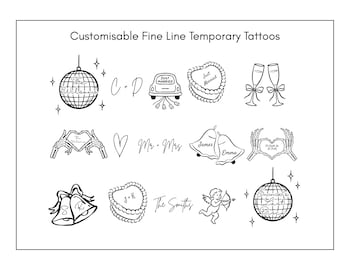 Könnte beinhalten: Ein Bogen mit anpassbaren, feinen, temporären Tattoos in Schwarz-Weiß mit Hochzeitsmotiven wie Discokugeln, Skeletthänden, die Herzen formen, Hochzeitsglocken, Champagnergläsern und einem Auto mit der Aufschrift Just Married.