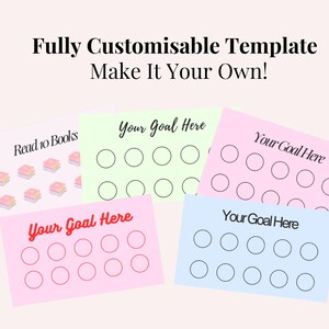 May include: A collection of colorful, customizable templates for goal tracking. The templates include text that reads "Read 10 Books" and "Your Goal Here", with spaces for checkmarks. The background is a soft pink.
