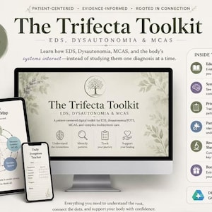 May include: The Trifecta Toolkit digital resource for EDS, Dysautonomia, and MCAS displayed on a computer monitor, tablet, and smartphone. The screen shows a tree logo, text, and icons for tracking symptoms, identifying patterns, and supporting healing.