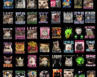 以下が含まれることがあります： 黒い背景に猫をテーマにしたグラフィックデザインのコレクション。デザインは、"Bruh"、"I Eat Cement"、"Wait I'm Goated"などのフレーズを含む、ユーモラスなテキストを使用したさまざまな猫のイラストを特徴としています。