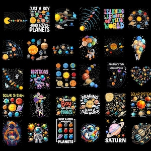 Könnte beinhalten: Eine Sammlung farbenfroher Grafikdesigns mit Planeten, Astronauten und Themen des Sonnensystems. Texte umfassen "Just a Boy Who Loves Planets", "Learning is Out of This World" und "Solar System". Designs auf schwarzem Hintergrund.