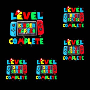 May include: A black background features four colorful designs with the words "LEVEL" and "COMPLETE" in various colors. Each design includes a game controller and text indicating grade levels: Kindergarten, Preschool, 1st Grade, 2nd Grade, and 3rd Grade.