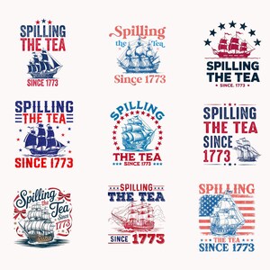 以下が含まれることがあります： 帆船と「Spilling the Tea Since 1773」のテキストが特徴の9つの航海をテーマにしたデザイン。 デザインは赤、白、青の色を使用し、星とストライプが特徴です。 イラストは、詳細なものからよりシンプルなものまで、スタイルが異なります。