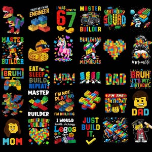 Puede incluir: Una colección de diseños gráficos coloridos sobre un fondo negro, con varias imágenes construidas con bloques de construcción de juguete. Los diseños incluyen un dinosaurio, un coche, un pato, un unicornio y texto como "Master Builder".