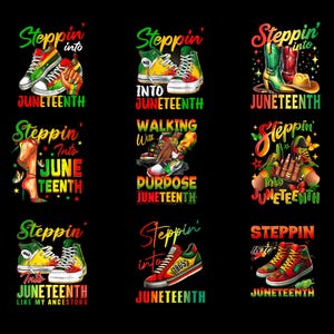 Op de afbeelding: Negen kleurrijke grafische ontwerpen op een zwarte achtergrond, elk met de tekst "Steppin' into Juneteenth" en verschillende schoenillustraties. Ontwerpen omvatten sneakers, laarzen en hoge hakken in rood, groen, geel en zwart.