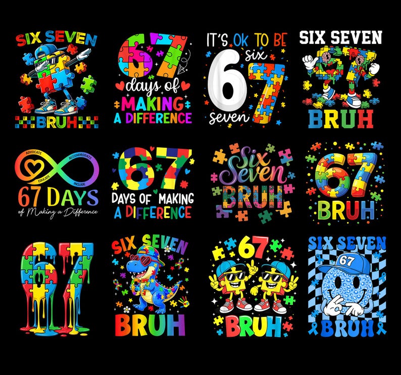 Six Seven Bruh 67 Autism Puzzle PNG, Autism PNG, Puzzle Pieces Png ...