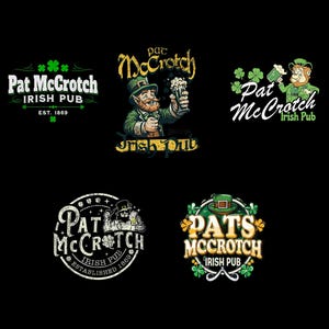 May include: A selection of Irish pub logos, all featuring the text "Pat McCrotch Irish Pub". Designs include shamrocks, leprechauns, and beer mugs. Some logos also display the establishment date of 1869.