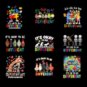 Puede incluir: Una colección de nueve diseños gráficos coloridos sobre un fondo negro, cada uno con la frase "It's Okay to Be Different". Los diseños incluyen imágenes de piezas de rompecabezas, crayones, pollos, dinosaurios, esqueletos, una jirafa y un mando de videojuegos.