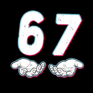 Puede incluir: Diseño gráfico con el número "67" en blanco con efecto de sombra roja y azul, sobre dos manos abiertas en estilo de dibujo lineal, sobre fondo negro.