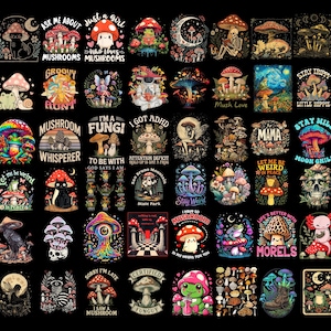 Puede incluir: Una colecci&oacute;n de dise&ntilde;os gr&aacute;ficos con tem&aacute;tica de setas sobre un fondo negro. Los dise&ntilde;os presentan varias ilustraciones de setas con textos como "Groovy Aunt", "Stay Trippy" e "I'm a Fungi".