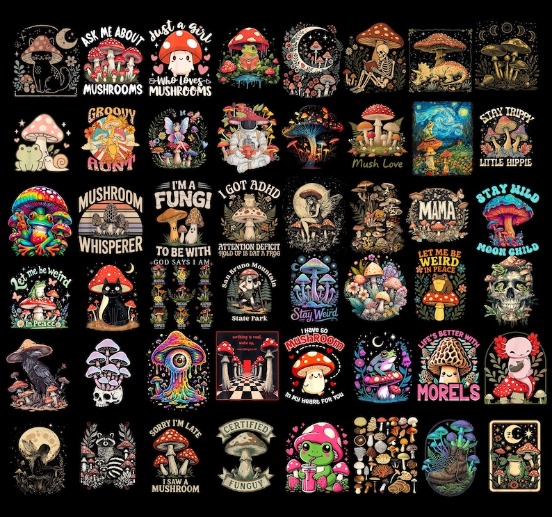 Puede incluir: Una colecci&oacute;n de dise&ntilde;os gr&aacute;ficos con tem&aacute;tica de setas sobre un fondo negro. Los dise&ntilde;os presentan varias ilustraciones de setas con textos como "Groovy Aunt", "Stay Trippy" e "I'm a Fungi".