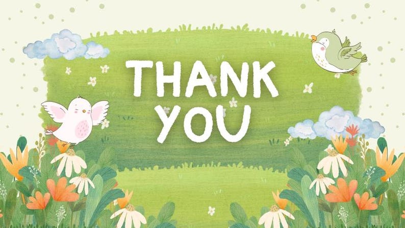 Puede incluir: Una ilustraci&oacute;n caprichosa con las palabras &laquo;GRACIAS&raquo; en blanco, sobre un fondo verde. La imagen presenta p&aacute;jaros de dibujos animados, flores y nubes, creando un dise&ntilde;o alegre y agradecido.